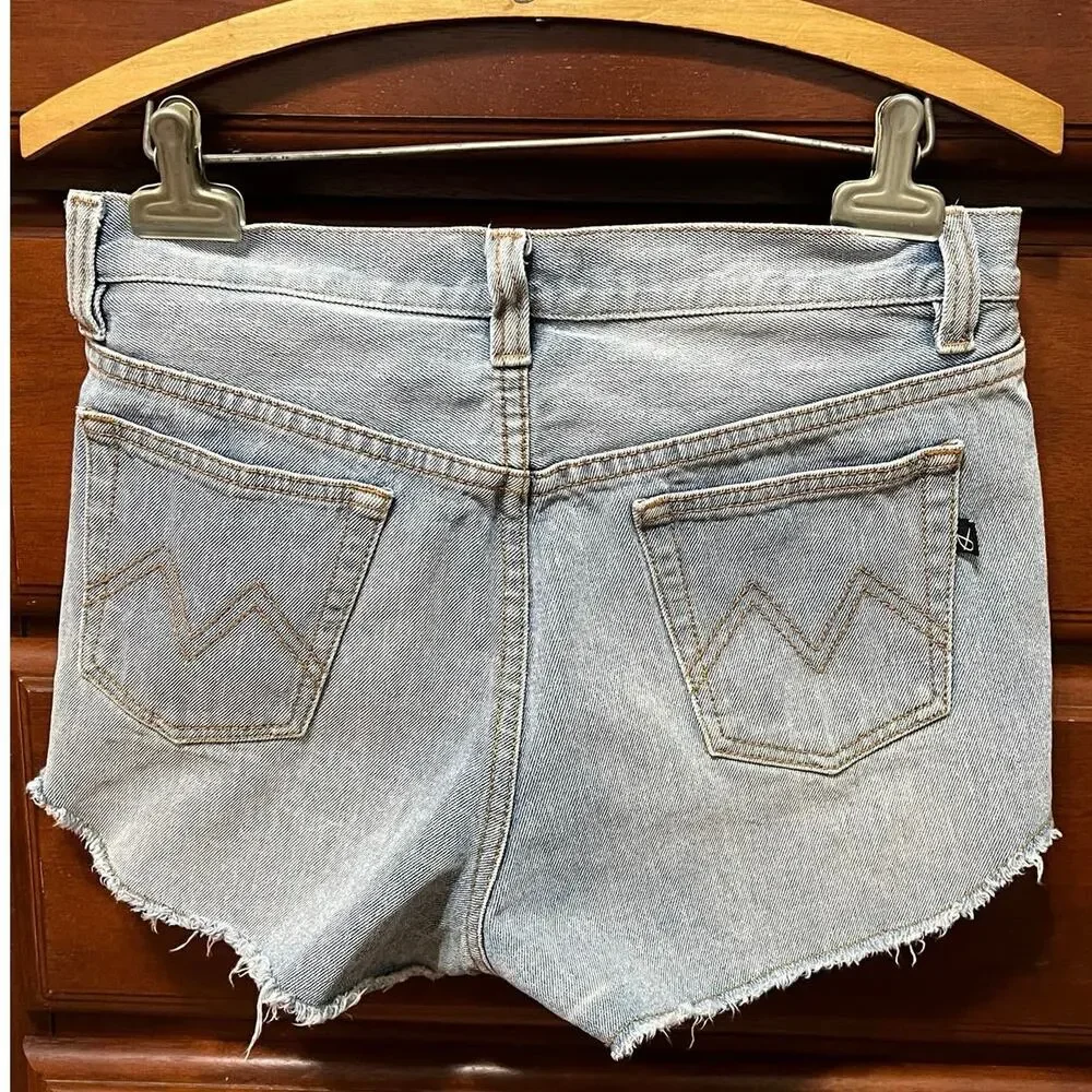 MinkPink women’s M shorts cutoff distressed patched denim button fly 5 pocket